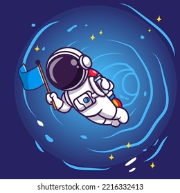 Astronauta Astronauta Con Cohetes Y Con Una Ilustración De Icono Del Vector De Caricatura Con Bandera. Concepto de icono de la tecnología de la ciencia Vector Premium aislado. Estilo de dibujo plano