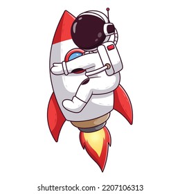 Cute Astronaut Flying With a Rocket. Astronaut Icon Concept. Flat Cartoon Style. Suitable for Web Landing Page, Banner, Flyer, Sticker, Card
