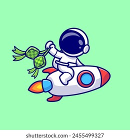 Lindo Astronauta Volando Con Cohete Y Ketupat Alimentos Dibujos Animados Ilustración De Vector. Ciencia Food Icon Concept Vector Premium aislado. Estilo plano de dibujos animados