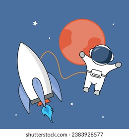 Cute astronaut flying with rocket on planet mars. Vector illustration