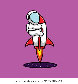Cute Astronaut Flying With Rocket Out Of A Black Hole Cartoon Vector Icon Illustration. Science Technology Icon Concept Isolated Premium Vector. Flat Cartoon Style