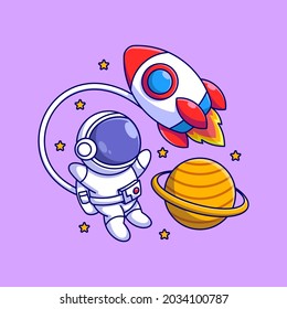 Cute astronaut flying with rocket in outer space cartoon