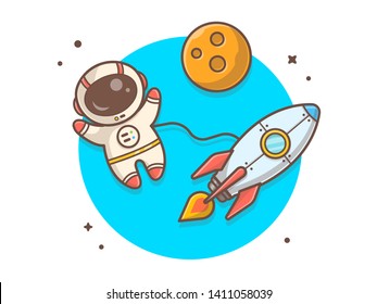 Cute Astronaut Flying With Rocket, Planet Space Vector Illustration. Flat Cartoon Style Suitable For Web Landing Page,  Banner, Flyer, Sticker, Wallpaper, Card, Background