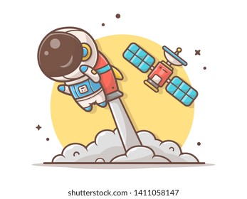 Cute Astronaut Flying with Rocket and Satellite Space Vector Illustration. Flat Cartoon Style Suitable for Web Landing Page,  Banner, Flyer, Sticker, Wallpaper, Card, Background