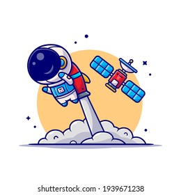 Cute Astronaut Flying Rocket Satellite Cartoon Stock Vector (Royalty