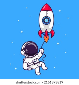 Cute Astronaut Flying With Rocket In Space Cartoon Vector Icon Illustration. Science Technology Icon Concept Isolated Premium Vector. Flat Cartoon Style