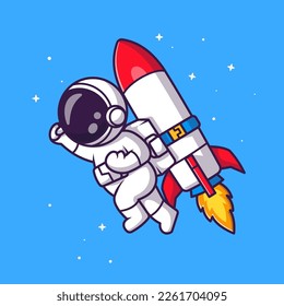 Cute Astronaut Flying with Rocket in Space Cartoon Vector Icon Illustration. Science Technology Icon Concept Isolated Premium Vector. Flat Cartoon Style