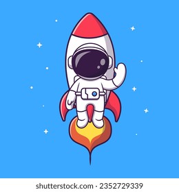 Cute Astronaut Flying With Rocket in Space Cartoon Vector Icon Illustration. Science Technology Icon Concept Isolated Premium Vector. Flat Cartoon Style