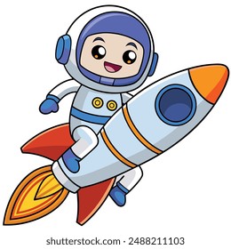 Cute Astronaut Flying With Rocket In Space Cartoon Vector Kawaii Icon Illustration. Science Technology Icon Concept Isolated Premium Vector. Flat Cartoon Style
