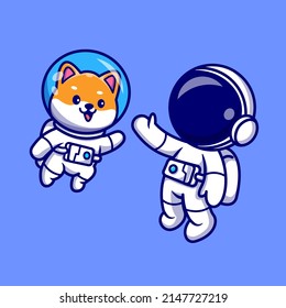 Cute Astronaut Flying With Shiba Inu Dog Astronaut Cartoon Vector Icon Illustration. Science Animal Icon Concept Isolated Premium Vector. Flat Cartoon Style