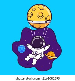 Cute Astronaut Flying In Space With Hot Air Balloon Moon Cartoon Vector Icon Illustration. Science Technology Icon Concept Isolated Premium Vector. Flat Cartoon Style