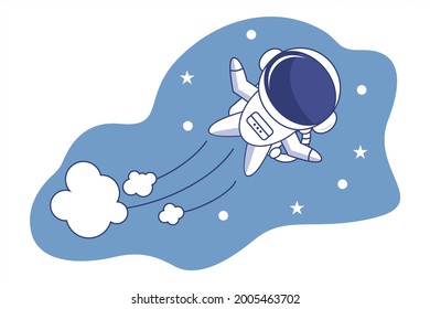Cute Astronaut. Astronaut flying in space on a blue background full of stars and planets 