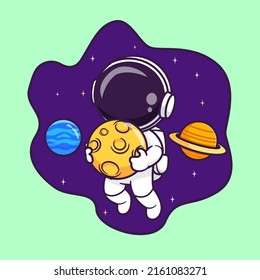 Cute Astronaut Flying In Space With Planet And Holding Moon Cartoon Vector Icon Illustration. Science Technology Icon Concept Isolated Premium Vector. Flat Cartoon Style