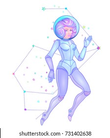 Cute astronaut flying in space. Teen girl in space space suit, dyed purple hair and stars. Hipster, pastel goth, vibrant colors. Isolated vector illustration. Intergalactic traveling concept.