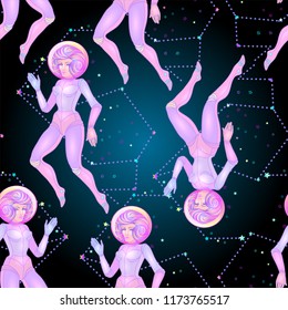 Cute astronaut flying in spase. Teen girl in space space suit, dyed purple hair and stars. Hipster, pastel goth, vibrant colors. Seamless pattern. Intergalactic traveling concept.
