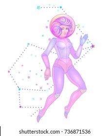 Cute astronaut flying in spase. Teen girl in space space suit, dyed purple hair and stars. Hipster, pastel goth, vibrant colors. Isolated vector illustration. Intergalactic traveling concept.