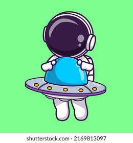 Cute Astronaut Flying With Ufo Alien Cartoon Vector Icon Illustration. Science Technology Icon Concept Isolated Premium Vector. Flat Cartoon Style