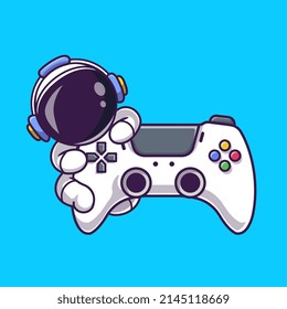Cute Astronaut With Game Controller Cartoon Vector Icon Illustration. Science Technology Icon Concept Isolated Premium Vector. Flat Cartoon Style 