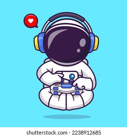 Cute Astronaut Gamer Holding Joystick With Headphone Cartoon Vector Icon Illustration. Science Technology Icon Concept Isolated Premium Vector. Flat Cartoon Style