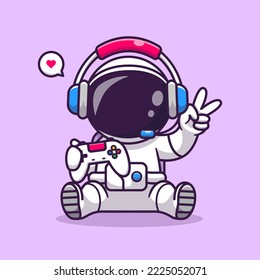 Cute Astronaut Gamer Playing Game With Controller And Headphone Cartoon Vector Icon Illustration. Science Technology Icon Concept Isolated Premium Vector. Flat Cartoon Style