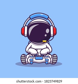 Cute Astronaut Gaming Cartoon Vector Icon Illustration. Science Technology Icon Concept Isolated Premium Vector. Flat Cartoon Style