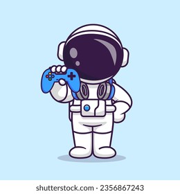 Cute Astronaut Gaming With Joystick And Headphone Cartoon Vector Icon Illustration. Science Technology Icon Concept Isolated Premium Vector. Flat Cartoon Style