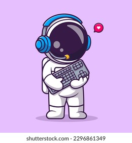 Cute Astronaut Gaming With Keyboard And Headphone Cartoon Vector Icon Illustration. Science Technology Icon Concept Isolated Premium Vector. Flat Cartoon Style