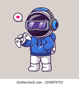 Cute Astronaut Gaming VR With Headphone And Controller Cartoon Vector Icon Illustration. Science Technology Icon Concept Isolated Premium Vector. Flat Cartoon Style