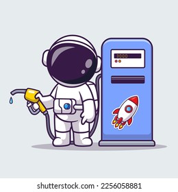 Cute Astronaut In Gas Station Rocket Cartoon Vector Icon Illustration. Science Technology Icon Concept Isolated Premium Vector. Flat Cartoon Style