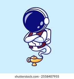 Cute Astronaut Genie In Lamp Cartoon Vector Icon Illustration. 
Science Holiday Icon Concept Isolated Premium Vector. Flat 
Cartoon Style 