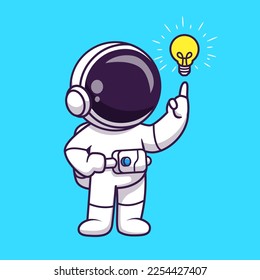 Cute Astronaut Get Idea with Bulb Cartoon Vector Icon Illustration. Science Technology Icon Concept Isolated Premium Vector. Flat Cartoon Style