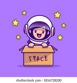 Cute Astronaut Girl In Box Cartoon Vector Icon Illustration. People Technology Icon Concept Isolated Premium Vector. Flat Cartoon Style