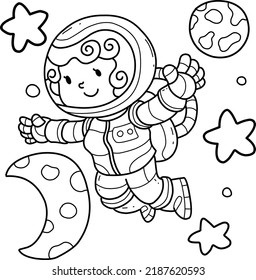 Una astronauta linda dibujada a mano en una caricatura de un libro de colorear aislada en blanco