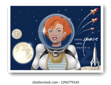 Cute astronaut girl in a spacesuit against a starry sky and space ships. Infinite space within each of us. Vector illustration