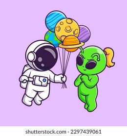 Cute Astronaut Giving Planet Balloon to Alien Cartoon Vector Icon Illustration. Science Technology Icon Concept Isolated Premium Vector. Flat Cartoon Style