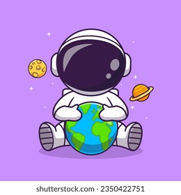 Cute Astronaut mit Globe World, Moon und Planet Cartoon Vektorgrafik Illustration. Science Technology Icon Konzept isolierter Premium-Vektorgrafik. Flachbildkartonstil