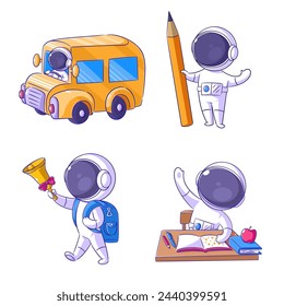 Cute astronaut going to school, cartoon style set