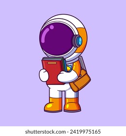 Cute astronaut going to study. Cute astronaut walking with books in hands of illustration
