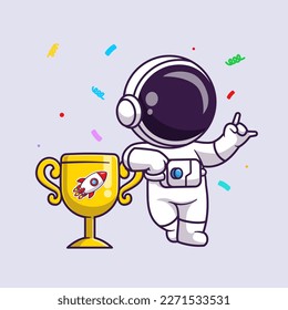 Cute Astronaut With Gold Trophy Cartoon Vector Icon Illustration. Science Education Icon Concept Isolated Premium Vector. Flat Cartoon Style