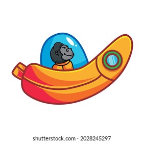 cute astronaut gorilla with bananaship rocket. cartoon animal science technology concept Isolated illustration. Flat Style suitable for Sticker IconDesign Premium Logo vector. Mascot Character