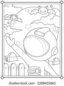 Cute astronaut in graveyard suitable for children's coloring page vector illustration