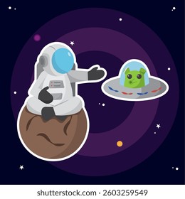 Cute astronaut and green alien character on outer space