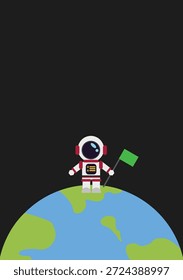 Astronauta bonito com bandeira de tela verde em pé na Terra.