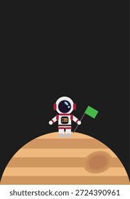 Astronauta bonito com bandeira verde em pé no Júpiter.