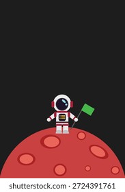 Astronauta lindo con la bandera verde de la pantalla que se coloca en el Marte.