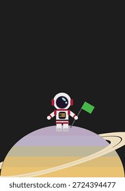 Astronauta bonito com bandeira de tela verde em pé no Saturno.