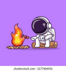 Cute Astronaut Grill Marshmallow On Space Fire Cartoon Vector Icon Illustration. Science Food Icon Concept Isolated Premium Vector. Flat Cartoon Style