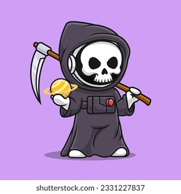 Cute Astronaut Grim Reaper With Planet Cartoon Vector Icon Illustration. Science Holiday Icon Concept Isolated Premium Vector. Flat Cartoon Style