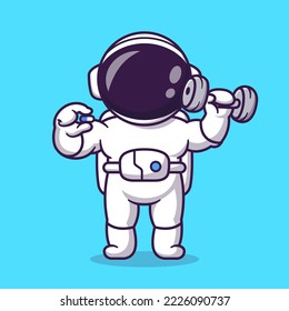 Cute Astronaut Gym Holding Pill Supplement And Dumbbell Cartoon Vector Icon Illustration. Science Sport Icon Concept Isolated Premium Vector. Flat Cartoon Style