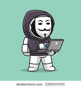 Ilustración del icono del vector de dibujos animados de portátiles de Astronauta Cute Astronaut Hacker. Concepto de icono de la tecnología de la ciencia Vector Premium aislado. Estilo de dibujo plano